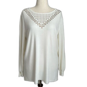 Misook White Long Sleeve Gold Embellishment Detail Knit Sweater Size L